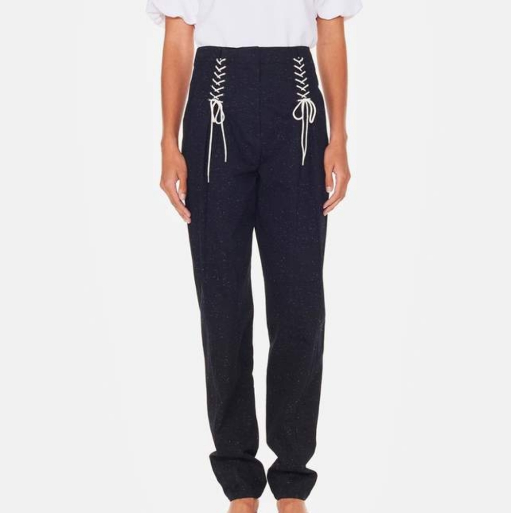 Tibi High-Waisted Navy Trousers with White Lace-Up Detail